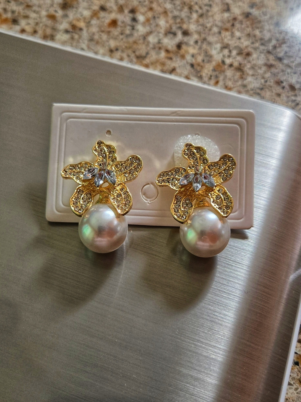 Gold Flower Pearl Drop Earrings with Clear Crystals Like Rhinestone - Picture 5 of 16